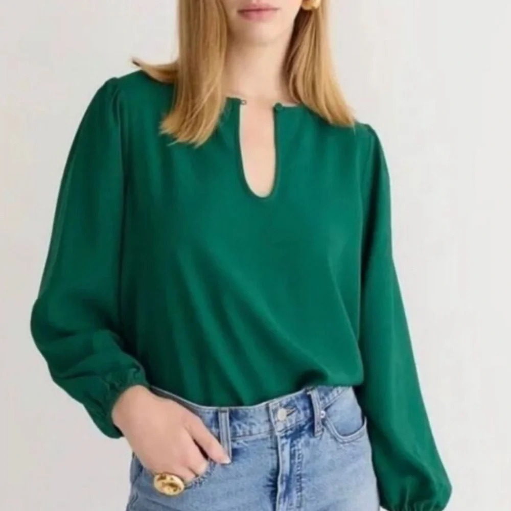 J.Crew Shirt Green Puff Sleeve Satin Back Crepe Office Size PS